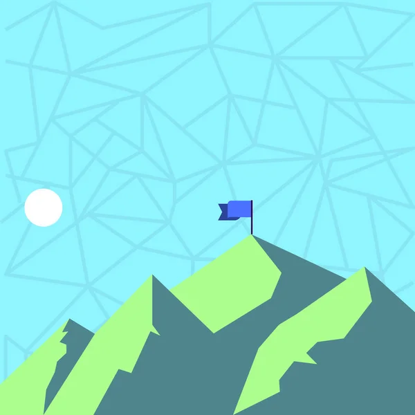 Vue de la montagne et des collines avec ombre indiquant l'heure de la journée et bannière du drapeau sur l'un des sommets. Lune ronde ou soleil sur le côté gauche où se trouve la partie sombre ou ensoleillée . — Image vectorielle