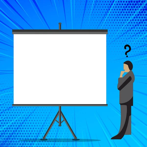 Man in Suit Standing with Question Mark Above his Head Looking at Blank Projector Board on Tripod. Illustration of Confused Businessman Thinking Beside White Big Screen on Stand. — Stock Vector