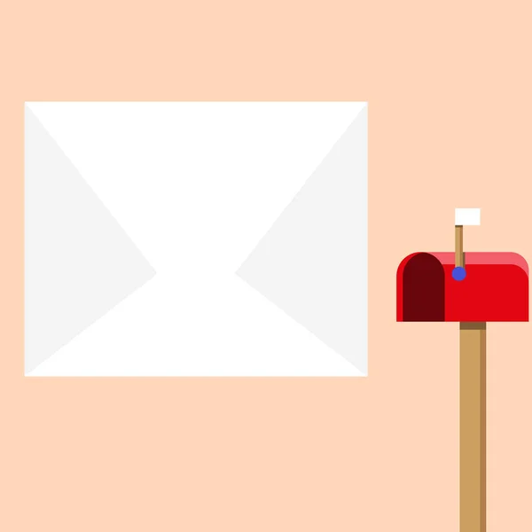 Enveloppe blanche blanche à côté de la boîte aux lettres rouge avec petit drapeau haut. Boîte postale ouverte en forme de pain debout et énorme boîtier vide pour lettre. Boîte aux lettres Signalisation Documents à l'intérieur . — Image vectorielle