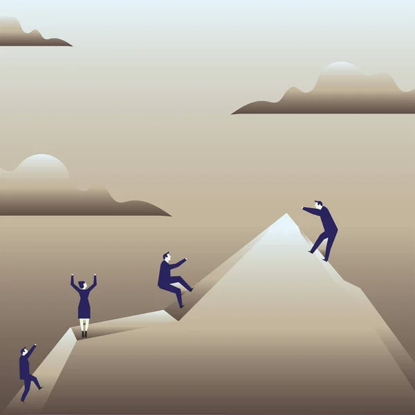 Ilustrace Business People Climbing Mountain by Themself Gesturing like holding to Imaginary Lope. Tvůrčí pozadí nápad pro týmovou práci, vedení, motivaci a jednotu. — Stockový vektor