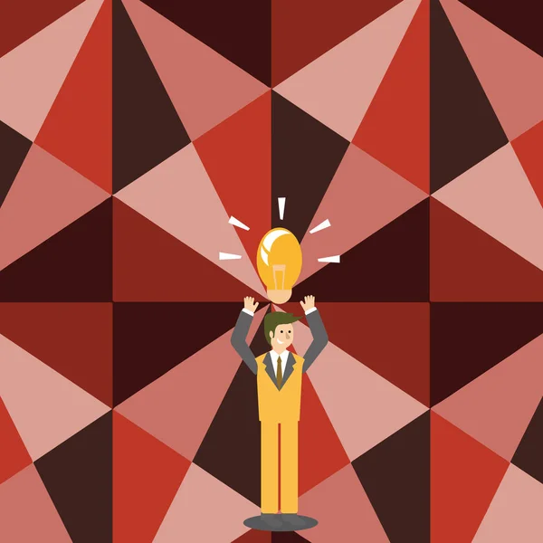 Illustration eines Geschäftsmannes im Anzug, der die Arme in die Höhe reckt und über seinem Kopf ein Symbol für eine beleuchtete Glühbirne anbringt. Kreatives Hintergrundkonzept für neue Produkt- oder Dienstleistungseinführungen. — Stockvektor