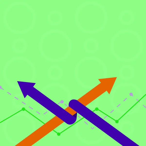 Dos flechas coloridas donde una se entrelaza con la otra como símbolo de asociación, colaboración, acuerdo o competencia. Idea de fondo creativo para presentaciones e informes . — Vector de stock