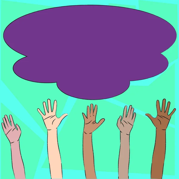 Ilustração da Diversidade Multiracial Mãos Levantando Alcançando a Nuvem Grande Fofa Colorida. Ideia Criativa para Questões de Direitos Humanos, Voluntariado, Igualdade e Unidade . — Vetor de Stock