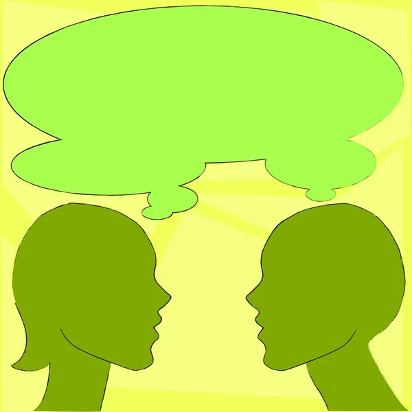 Illustrazione di uomo e donna Silhouette variopinta Lato Visualizza profilo Figura con pensiero condiviso Speech Bubble. Idea di background creativo per le stesse credenze, principi e partnership . — Vettoriale Stock