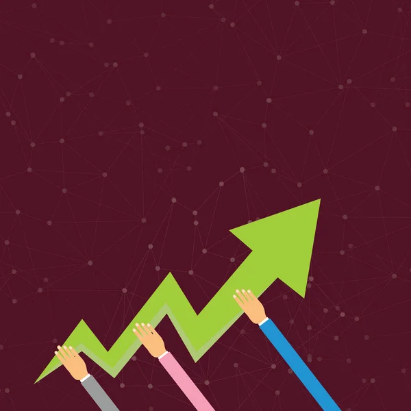 3 つの両手は、カラフルなジグザグ雷矢印指してと上向きに行きます。成功と努力を起動するビジネス機会のための広告の創造的な背景のアイデア. — ストックベクタ