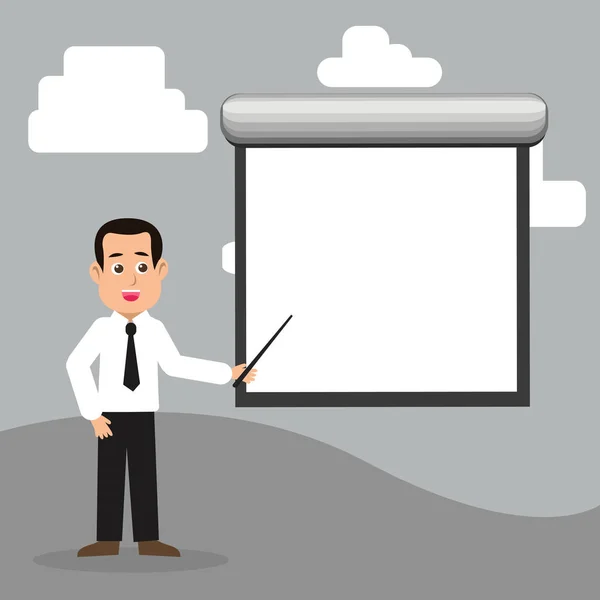 Man in Necktie Standing Talking Holding Stick Pointing to Blank White Projector Screen Mounted on Wall. Creative Backdrop Idea for Training Announcement, Presentation and Reporting. — Stock Vector