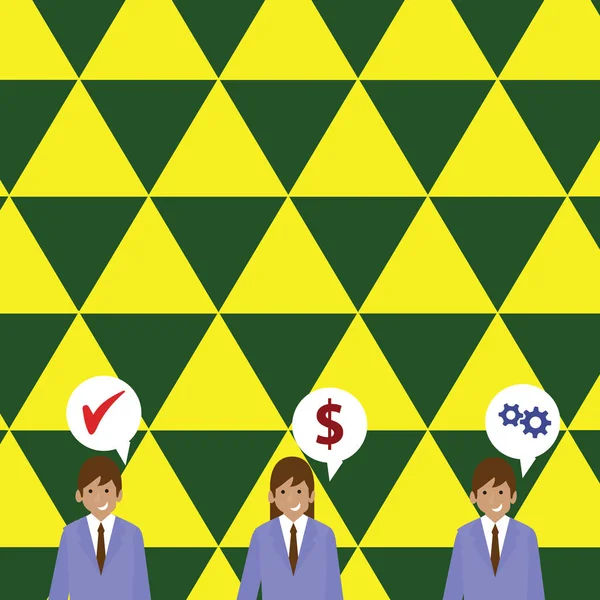 Illustration von drei Geschäftsleuten mit jeweils einer Sprechblase mit Optimierungskostensymbolen. Kreative Hintergrundidee für Geschäftsberichte und Ankündigungen von Start-ups. — Stockvektor