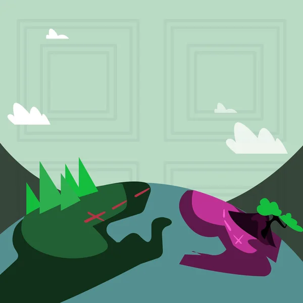 Illustration av färgglada utsikt över berget vandringsled med markerade vandrings spår. Kreativ bakgrund idé för friluftsliv och äventyr, miljö tillkännagivande och affisch. — Stock vektor