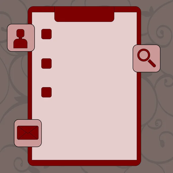 Színes vágólap jelölőnégyzetet és három Apps ikonok, nagyító, Chat fej, boríték. Kreatív háttér ötlet ellenőrzőlista, emlékeztető, frissítések és értesítést. — Stock Vector
