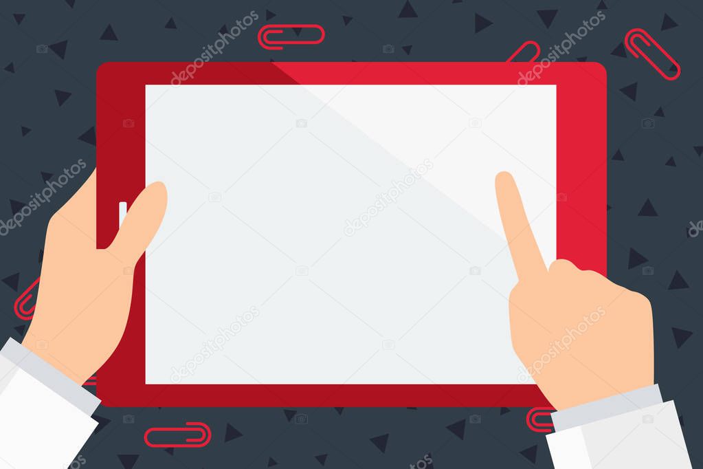 Businessman Hand Holding Rectangular Colorful Tablet. Handheld Smartphone with Blank White Screen. Finger Pointing and Touching Empty Monitor. Paper Clips Scattered Around Device.