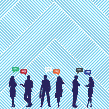 Siluet profil resimler Fotoğraf durmuş insanlar iş konuşuyorum jestleri ve renkli konuşma balonu. Kurumsal duyuru ve davet için yaratıcı arka plan fikir.