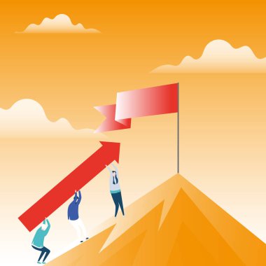 Resimde boş dağa gidiyor ok taşıyan insanların en tepe üzerinde duran kutup afiş katlanmış. Yaratıcı ve renkli arka plan fikir ekip çalışması ve motivasyon.