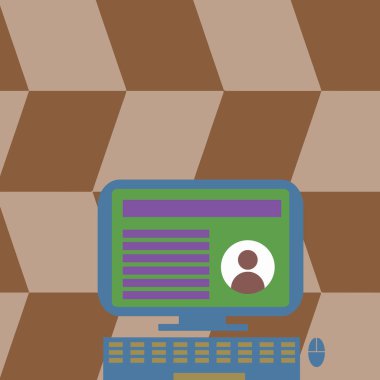 Renkli masaüstü bilgisayar monitör ekran çevrimiçi profil verileri ile Stand üzerine monte. PC donanım klavye ve fare ile. Sosyal medya duyuru için arka plan fikir.