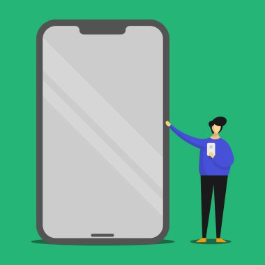 Büyük boş ekran cep telefonu parlak etkisi ile işaret ve bir gadget'ı tutan kişi ayakta. Yansıma ve açgözlü cep telefonu başka bir taraftan dev Smartphone sunan adam.