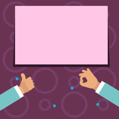 İki iş adamları el başparmak yukarıya ve iyi işareti boş beyaz dikdörtgen metin alanı ile el hareketi. Ürün ve hizmetler için yaratıcı arka plan fikir tanıtım ve duyuru.