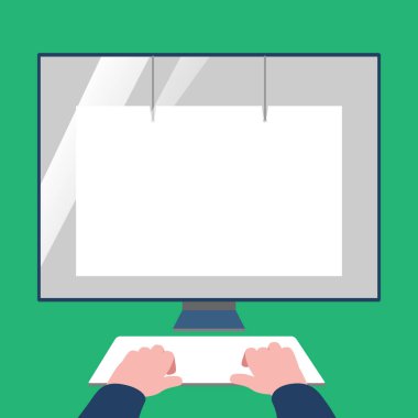 Sahte boş beyaz monitör göz ekran koruyucu ile karşı karşıya klavye kadar ellerinde. Boş görsel görüntü birimini yansıması ile Stand monte. Masaüstü bilgisayara parlak cam etkisi.