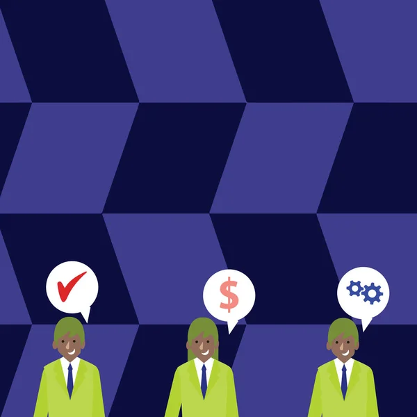 Ilustración de tres personas de negocios con cada uno tiene burbuja de habla con iconos de costo de optimización. Idea de Antecedentes Creativos para Informes Financieros Empresariales y Anuncios Start Ups . — Archivo Imágenes Vectoriales