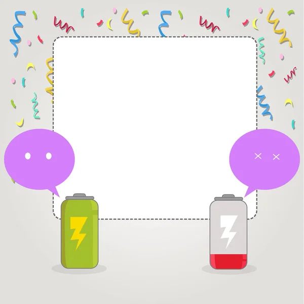 完全充电和放电空电池与两个颜色的表情符号语音气泡指示唤醒和睡眠模式。在电源和能源问题的背景下空白空白的空白文本空间. — 图库矢量图片