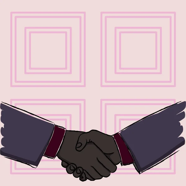 Illustration of Two Businessmen Shaking Hands Firmly as Gesture Form of Greeting, Welcoming, Closed Deal or Agreement. Creative Background Idea of Acknowledgement and Negotiations. — Stock Vector