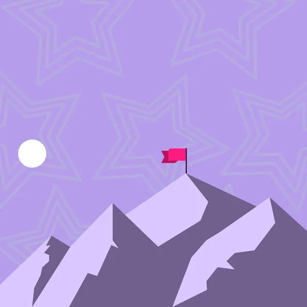 Vue de la montagne et des collines avec ombre indiquant l'heure de la journée et bannière du drapeau sur l'un des sommets. Lune ronde ou soleil sur le côté gauche où se trouve la partie sombre ou ensoleillée . — Image vectorielle