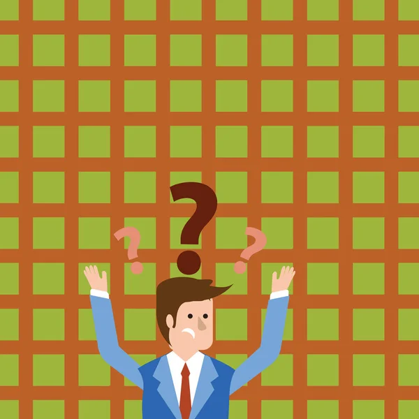 Man in Business Suit Raising Both Arms Upward Looking Confused and Question Marks Above his Head. Creative Background Idea for Informative Presentation, Advisory and Advertisement. — Stock Vector