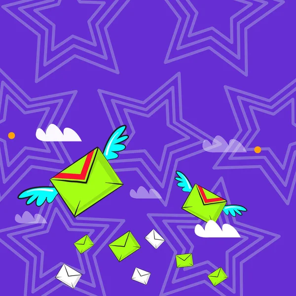 Muchos sobres voladores coloridos del correo aéreo y dos de ellos con alas para la entrega expresa. Antecedentes creativos Idea de medios de comunicación, promoción, innovación y tecnología . — Archivo Imágenes Vectoriales