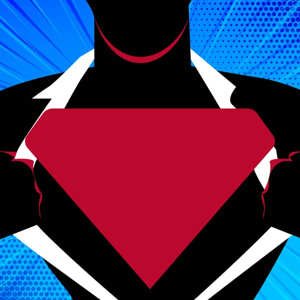 Uomo in Superman posa una camicia apribile per rivelare il logo triangolare vuoto. Silhouette maschile con marchio vuoto uomo d'acciaio sul petto. Profilo supereroe con emblema triangolo sul petto . — Vettoriale Stock