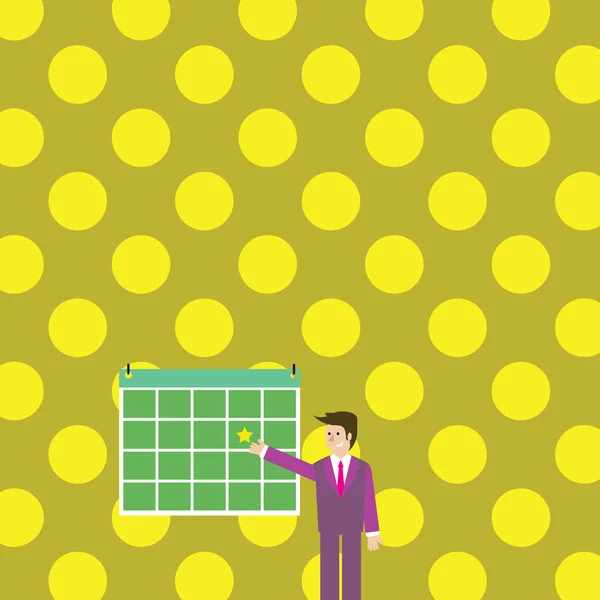 Empresario de pie y señalando el calendario con estrella. Hombre de traje presentando tablón de anuncios de colores colgado en la pared. Idea de fondo creativo para la organización y planificación de eventos . — Vector de stock