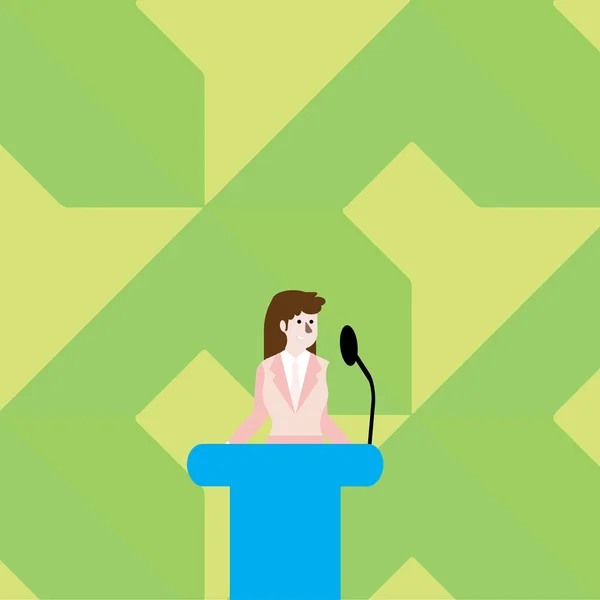 Woman in Business Suit Standing Behind Colorful Podium Rostrum photo and Speaking on Wireless Microphone. Businesswoman in Lectern Speaker Stand Talking on Built In Mic System. — Stock Vector