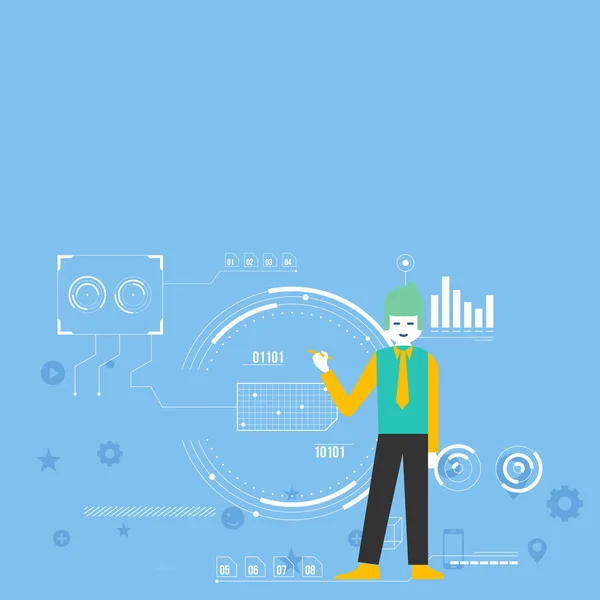 Man stående Väntfålla och pekar på diagram Diagram. Bakgrund är fylld med Seo-processen och cykel ikoner. Kreativ idé för Presentation, optimering och rapport. — Stock vektor