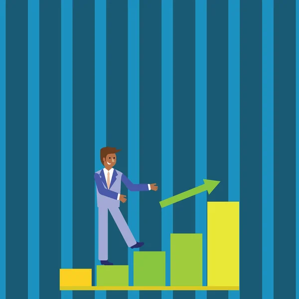 Geschäftsmann lächelt und klettert die Balkendiagramme nach oben. Ein glücklicher Mann im Anzug, der einem Pfeil folgt, geht die Säulengrafik hinauf. Hintergrundidee für motivierende und finanzielle Präsentation. — Stockvektor