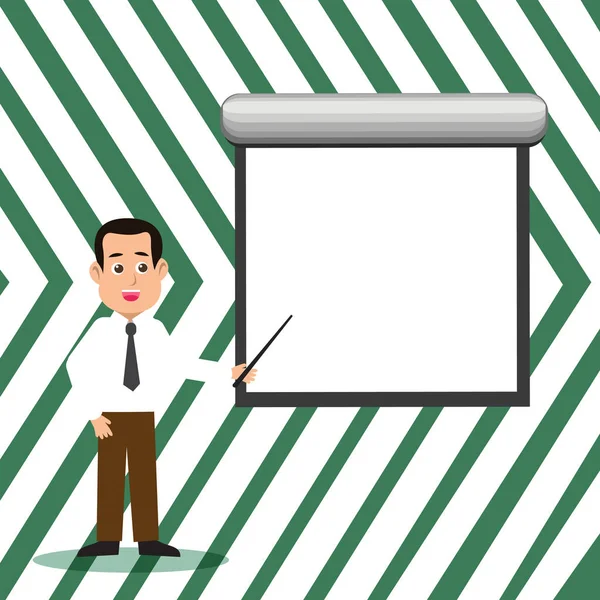 Człowiek stojący krawat, trzymając kij, wskazując na pusty biały projektor ekran zamontowany na ścianie. Creative tło wyobrażenie zapowiedzi szkoleń, prezentacji i raportowanie. — Wektor stockowy