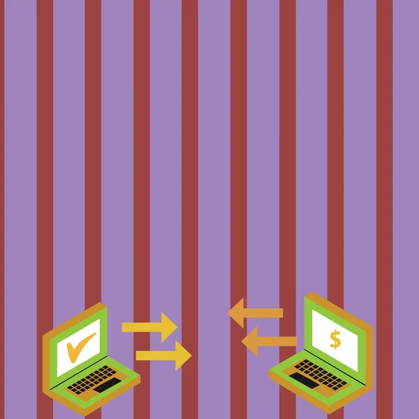 交换两个笔记本电脑之间的箭头图标面对对方与美元货币符号和每个屏幕上的复选标记。财务呈现和网络营销的背景理念. — 图库矢量图片