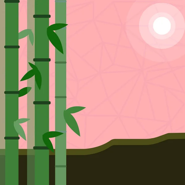 Illustrazione di colorata pianta perenne di bambù foglia e luna o sole con raggio rotondo. Idea di background creativo per questioni ambientali, credenze tradizionali, bellezza e benessere . — Vettoriale Stock