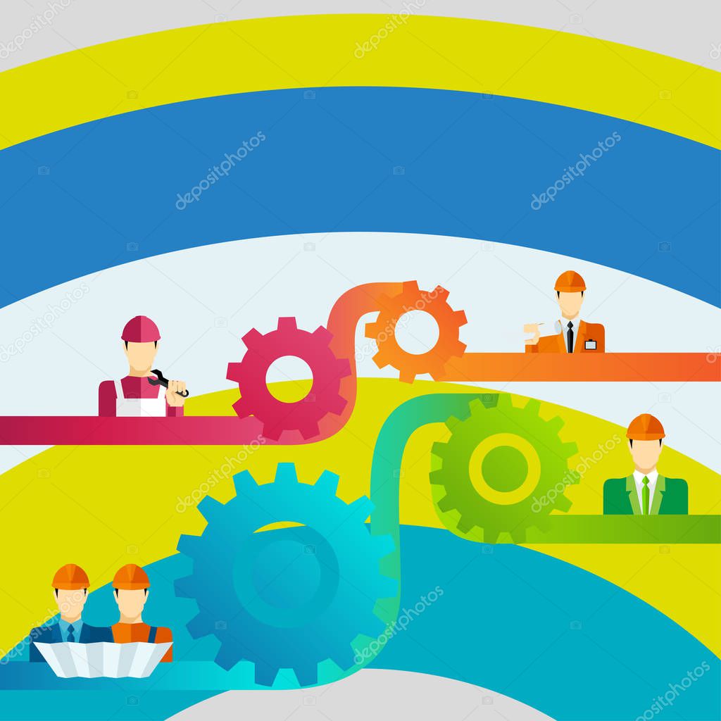 Colorful Illustration of Cog Gear Widget Setting Icons Connecting Men in Helmet of Different Professional Character. Creative Background Idea for Teamwork, Unity and Cooperation.
