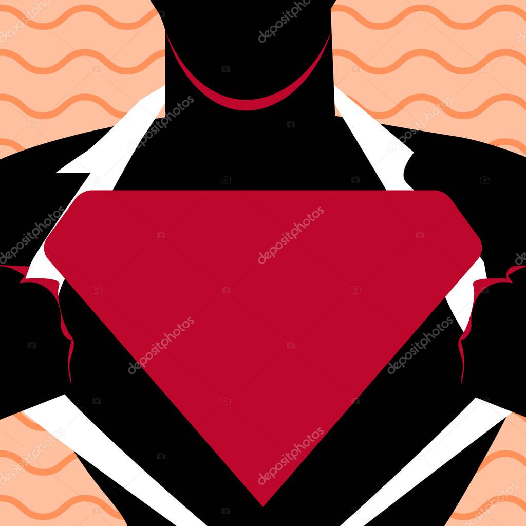 Man in Superman Pose Opening his Shirt to reveal the Blank Triangular Logo Copy Space design Empty template text for Ad, promotion, poster, flyer, web banner, article