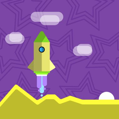 Renkli uzay aracı Servisi Rocketship dağlar ve bulutlar ile başlatma. Yeni ürünler, hizmetler ve iş başlatılması için yaratıcı arka plan fikir tanıtım ve Duyurular.