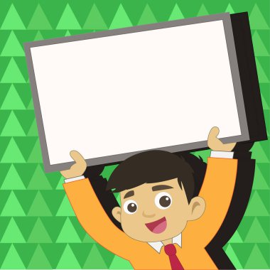 Genç erkek öğrenci boş yükseltmek tahta çerçeveli. Kravat tutarak yukarı doğru boş beyaz tahta başının üzerinde çocukta gülümseyerek. Mutlu duyuru ve temalı olaylar yaratıcı arka plan fikri.