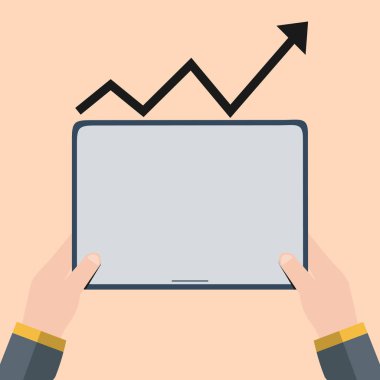 Boş ekran Tablet tutan işadamı el çizimi. Siyah işaret ve yukarı doğru gidiş devam eden ok simgesi yamuk. Başarılı iş kavramı için sunma ve rapor.