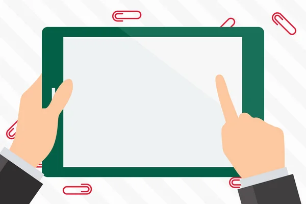 Businessman Hand Holding Rectangular Colorful Tablet. Handheld Smartphone with Blank White Screen (dalam bahasa Inggris). Finger Pointing and Touching Empty Monitor (dalam bahasa Inggris). Kertas Klip Tersebar Sekitar Perangkat . - Stok Vektor