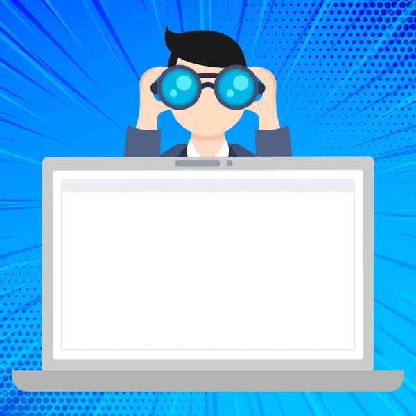 Pantalla de computadora portátil en blanco frente al hombre con binocular. Person Holding and Looking Into Field Glasses Behind Open Computer Notebook (en inglés). Monitor de PC vacío y hombre de negocios con dos telescopios . — Vector de stock