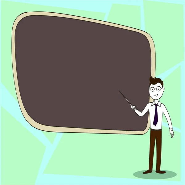 Uomo in cravatta, Occhiali e Stick Pointing to Blank Color Board. Fiducioso maschio fronte di schermo vuoto conduzione lezione. Idea di sfondo creativo per la relazione e la presentazione . — Vettoriale Stock