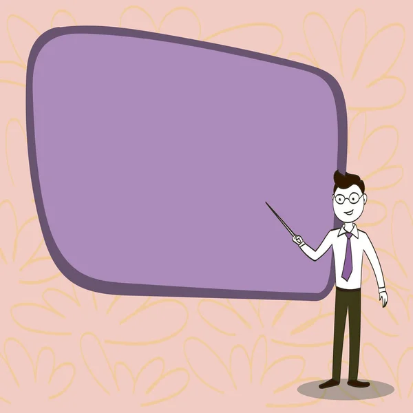 Uomo in cravatta, Occhiali e Stick Pointing to Blank Color Board. Fiducioso maschio fronte di schermo vuoto conduzione lezione. Idea di sfondo creativo per la relazione e la presentazione . — Vettoriale Stock