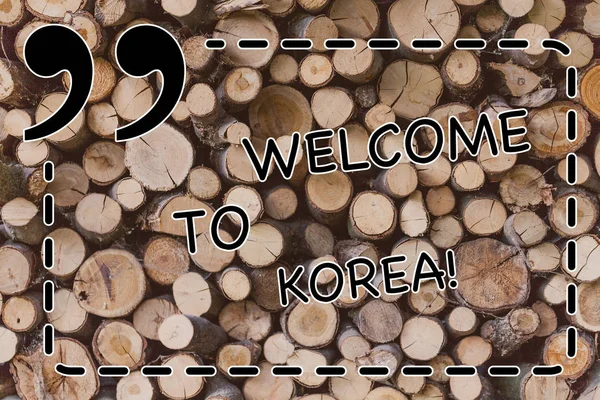 Znak tekstowy Wyświetlono Zapraszamy do Korei. Koncepcyjne zdjęcie przybywających do azjatycki kraj nowoczesny innej kultury drewniane tła vintage drewna wiadomość dzikie pomysły intencje myśli. — Zdjęcie stockowe