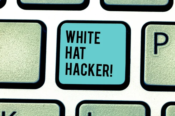 Escrita conceitual mostrando White Hat Hacker. Texto da foto do negócio Especialista em segurança informática em testes de penetração Teclado chave Intenção de criar ideia de mensagem de computador . — Fotografia de Stock