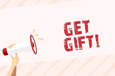 Kavramsal el yazma hediye alın gösterir. Ses simgesi ve metin alanı ile dönüş ınsan el Holding megafon bir şey almadan vermek iş fotoğraf metin şey.