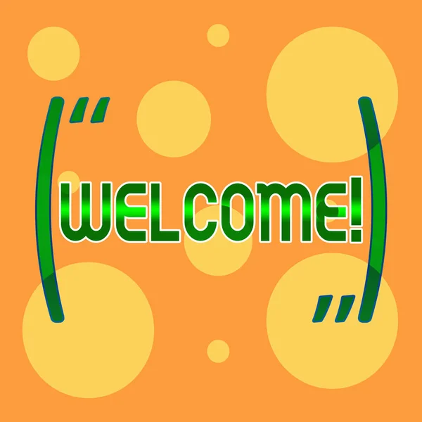 Text sign showing Welcome. Conceptual photo Warm salutation acknowledgement for someone amiable loved thanked Different Sizes of Blank Yellow Circles in Random on Pale Orange Backdrop. — Stock Photo, Image