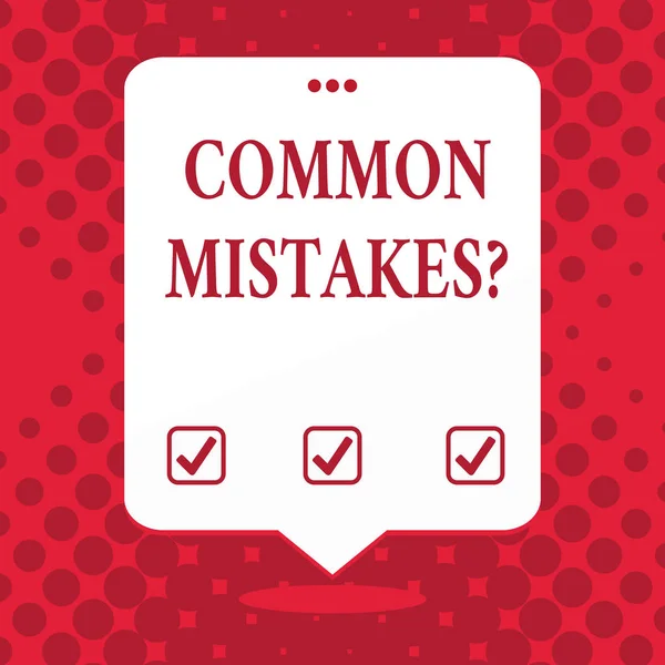 Handwriting text Common Mistakes Question. Concept meaning repeat act or judgement misguided making something wrong Blank Space White Speech Balloon Floating with Three Punched Holes on Top. — Stock Photo, Image