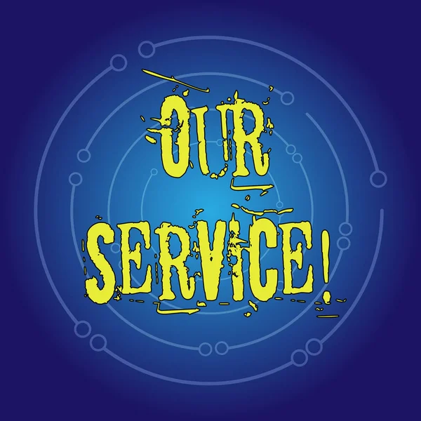 Writing note showing Our Service. Business photo showcasing announcing as repair or provide maintenance for product Concentric Circle of Open Curved Lines with Center Space Glow in Blue.