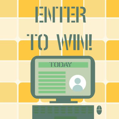 Kavramsal el yazma gösteren girin Win Için. İş fotoğraf metin ödül şans kazanan ödül için bir şey değeri değişimi bilgisayar stand üzerinde online profil verileri ekran ile monte.